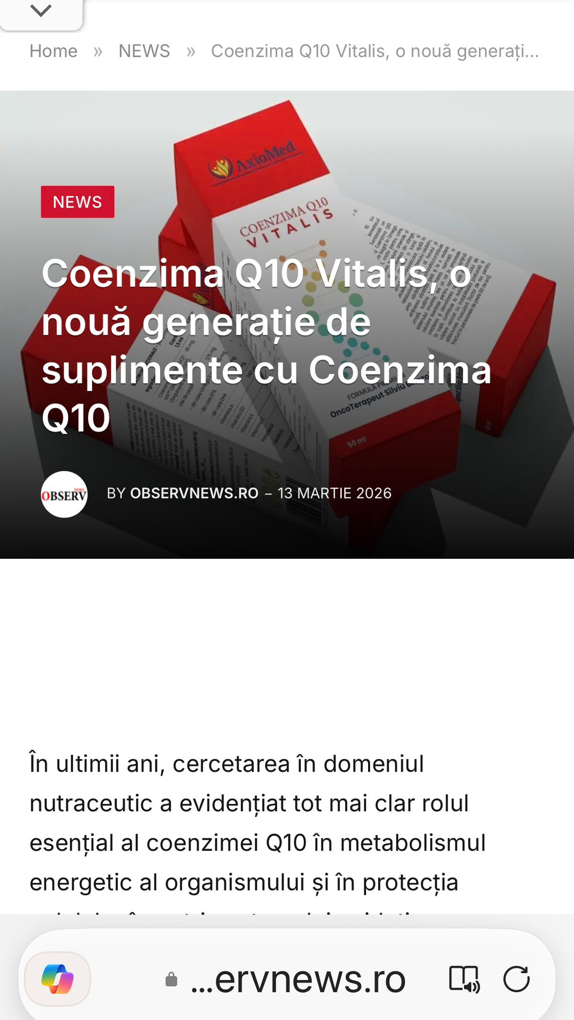 CoQ10 Vitalis articol in presa